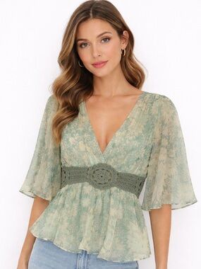 Vintage Y2K Sage Green Silk Floral Boho Peplum Top with Crochet Details